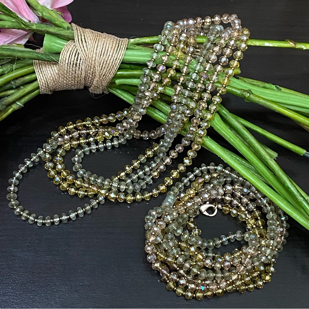 2-pcs Vintage Green/Yellow Faceted Glass Beads 64” Long Necklace